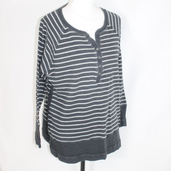 AXCESS HENLEY SWEATER WOMAN SIZE XL DARK & LIGHT GRAY STRIPED BUTTON FRONT L/S - Picture 2 of 11